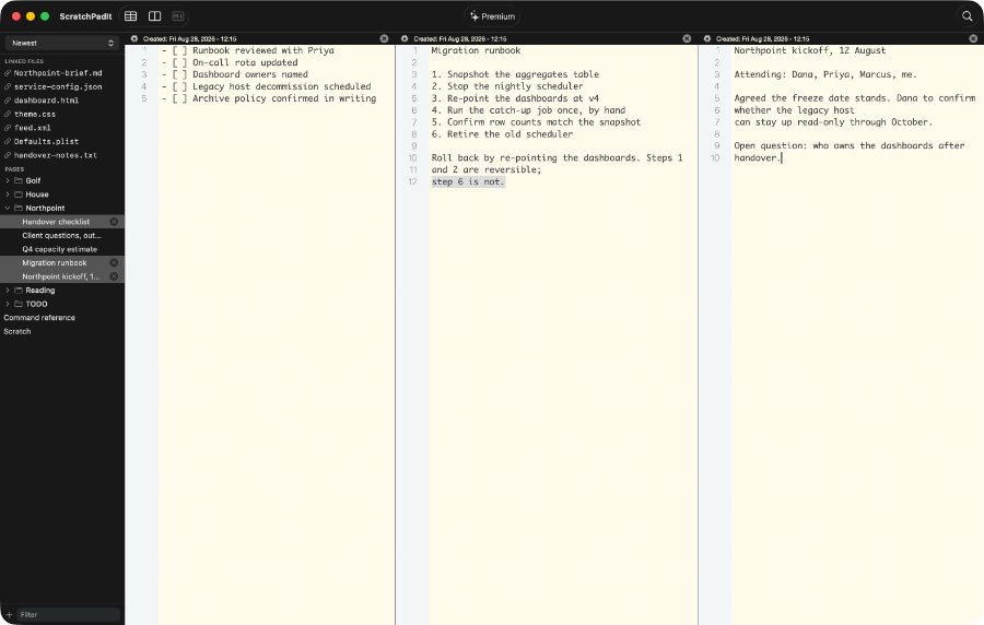 The ScratchPadIt window split into three editor panes, each showing a different document side by side