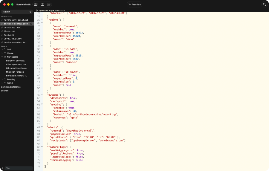A JSON configuration file in ScratchPadIt with nested objects, coloured keys and values, and fold arrows in the gutter